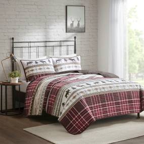 Woolrich Winter Valley Oversized 3 PC Microfiber Quilt Set in Red/Brown (Full/Queen) - Olliix WR13-3883