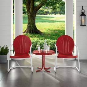 Griffith 3Pc Outdoor Metal Armchair Set Bright Red Gloss - Side Table & 2 Chairs - Crosley KO10004RE-RE