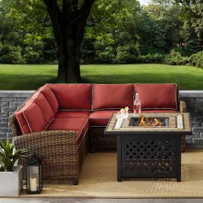 Bradenton 4Pc Outdoor Wicker Sectional Set W/Fire Table Weathered Brown/Sangria - Right Corner Loveseat, Left Corner Loveseat, Corner Chair, & Tucson Fire Table - Crosley KO70157-SG