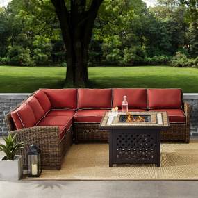 Bradenton 5Pc Outdoor Wicker Sectional Set W/Fire Table Weathered Brown/Sand - Right Corner Loveseat, Left Corner Loveseat, Corner Chair, Center Chair, & Tucson Fire Table - Crosley KO70158-SG