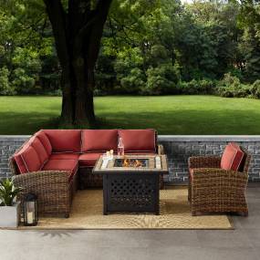 Bradenton 5Pc Outdoor Wicker Sectional Set W/Fire Table Weathered Brown/Sangria - Right Corner Loveseat, Left Corner Loveseat, Corner Chair, Armchair, & Tucson Fire Table - Crosley KO70159-SG