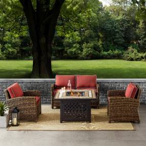 Bradenton 4Pc Outdoor Wicker Conversation Set W/Fire Table Weathered Brown/Sangria - Loveseat, Tucson Fire Table, & 2 Arm Chairs - Crosley KO70160-SG