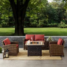 Bradenton 5Pc Outdoor Wicker Conversation Set W/Fire Table Weathered Brown/Sangria - Loveseat, Side Table, Tucson Fire Table, & 2 Armchairs - Crosley KO70162-SG