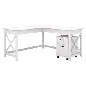 Bush Furniture Key West 60W L Shaped Desk w/ 2 Drawer Mobile File Cabinet in Pure White Oak - KWS013WT