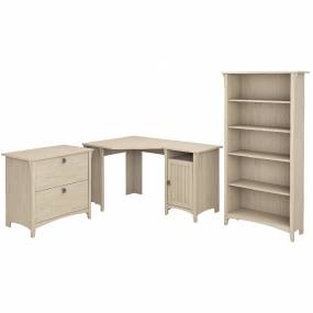 Bush Furniture Salinas 55W Corner Desk w/ Lateral File Cabinet & 5 Shelf Bookcase in Antique White - Bush Furniture SAL013AW