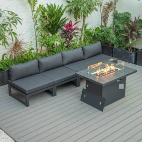 LeisureMod Chelsea 5-Piece Middle Patio Chairs and Fire Pit Table Set Black Aluminum With Cushions in Black - LeisureMod CSFBL-4BL