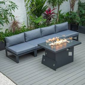 LeisureMod Chelsea 5-Piece Middle Patio Chairs and Fire Pit Table Set Black Aluminum With Cushions in Blue - LeisureMod CSFBL-4BU