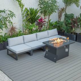 LeisureMod Chelsea 5-Piece Middle Patio Chairs and Fire Pit Table Set Black Aluminum With Cushions in Light Grey - LeisureMod CSFBL-4LGR
