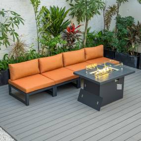 LeisureMod Chelsea 5-Piece Middle Patio Chairs and Fire Pit Table Set Black Aluminum With Cushions in Orange - LeisureMod CSFBL-4OR