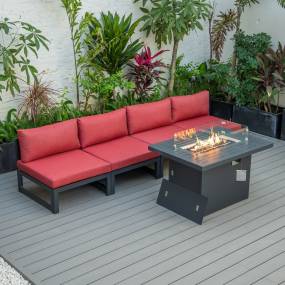 LeisureMod Chelsea 5-Piece Middle Patio Chairs and Fire Pit Table Set Black Aluminum With Cushions in Red - LeisureMod CSFBL-4R