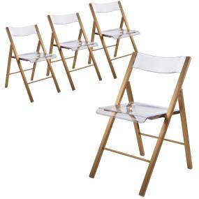 LeisureMod Menno Mid-Century Modern Acrylic Folding Chair in Brushed Gold Finish with Stainless Steel Frame for Kitchen and Dining Room Set of 4 - Leisurmod MFBG15CL4