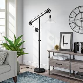 Descartes Floor Lamp in Blackened Bronze Finish with Pulley System and Ribbed Glass Shade
 - Hudson & Canal FL0157