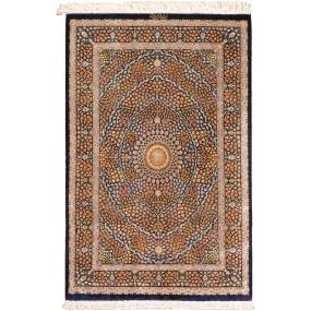 Pasargad Home Azerbaijan Collection Hand-Knotted Pure Silk Area Rug- 2' 7" X  4' 0", Navy - Pasargad Home 038011