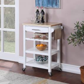 Ellaine 4 Tier Butcher Block Kitchen Cart with Drawer and Wine Rack in White - Convenience Concepts 802233W