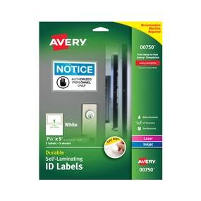 Avery Easy Align(R) Self-Laminating ID Labels, Permanent Adhesive, 7-1/2" x 5" , 5 Labels (00750) - Permanent Adhesive - Rectangle - Laser, Inkjet - White - Film - 1 / Sheet - 5 Total Sheets - 5 Total Label(s) - 5 - AVE00750