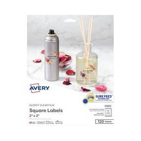 Avery Sure Feed Glossy Labels - Permanent Adhesive - Square - Laser, Inkjet - Crystal Clear - Film - 12 / Sheet - 10 Total Sheets - 120 Total Label(s) - 120 / Pack - AVE22853