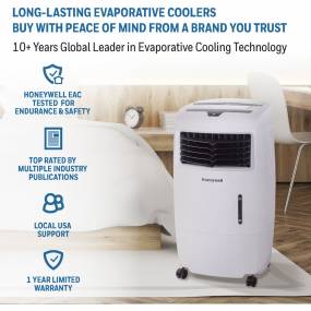 500 CFM Indoor Evaporative Air Cooler (Swamp Cooler) with Remote Control in White - Honeywell CL25AE