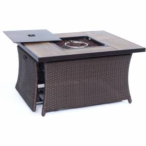 Woven 40,000 BTU Fire Pit Coffee Table with Woodgrain Tile-Top - Hanover COFFEETBLFP-WG