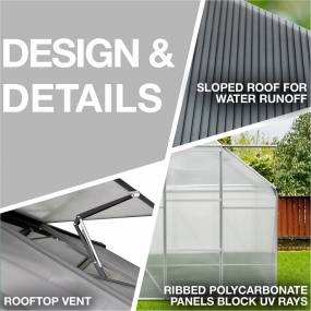 4-Ft. x 6-Ft. Polycarbonate Walk-In Greenhouse w/Aluminum Frame, Galvanized Steel Base, Siding Door and Automatic Vent Opener - Hanover HANGRNHS4X6-NAT
