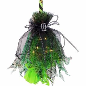 3-Ft. Green Witch's Broomstick with Green Lights, Battery Operated, Indoor/Covered Outdoor Halloween Decorations - Haunted Hill Farm HHBROOM-3LS