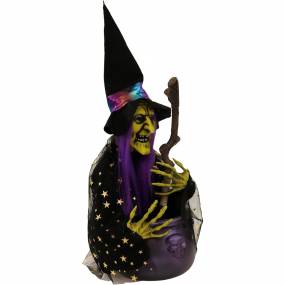 1.4-ft. Animated Witch, Indoor/Covered Outdoor Halloween Decoration, Red/Green LED, Battery-Operated, Cat - Haunted Hill Farm HHDWTC-1LSA