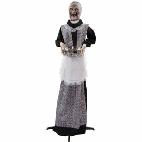 5-Ft. Emma the Animated Zombie Housemaid Holding a Tray, Indoor or Covered Outdoor Halloween Decoration, Battery Operated - Almo HHLADY-7FLSA