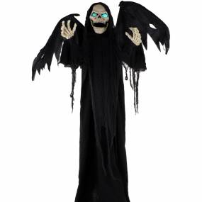 Life-Size Animatronic Reaper, Indoor/Outdoor Halloween Decoration, Flashing Blue Eyes, Poseable, Battery-Operated - Haunted Hill Farm HHWINGSKEL-1FLSA