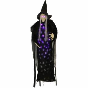 2.5-ft. Hanging Witch, Indoor/Covered Outdoor Halloween Decoration, LED Purple Eyes, Poseable, Battery-Operated, Autumn - Haunted Hill Farm HHWITCH-34HLS