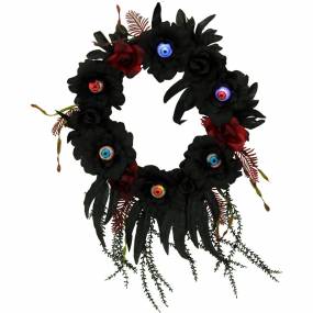 1.9-ft. Halloween Wreath with Light-Up Eyeballs, Indoor/Covered Outdoor Halloween Decoration, LED, Battery-Operated - Haunted Hill Farm HHWTHEYE-1S