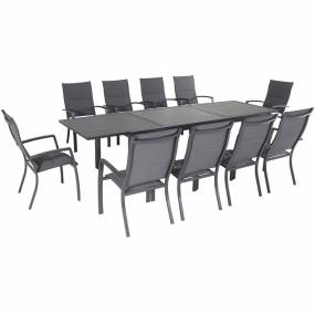 Naples 11-Piece Outdoor Dining Set with 10 Padded Sling Chairs in Gray and a 40" x 118" Expandable Dining Table - Hanover NAPDN11PCHB-GRY