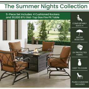 Summer Nights 5-Piece Deep Seating Set with 4 Cushioned Rockers in Tan and 38-in. 30,000 BTU Slat-Top Gas Fire Pit Table - Hanover SUMMRNGHT5PCSLFP