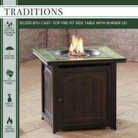 Traditions 26-In. Square LP Gas Fire Pit Side Table with Aluminum Cast-Top and Burner Lid - Hanover TRAD26SQFP