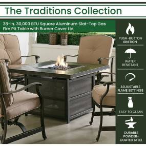 Traditions 38-in. 30,000 BTU Square Aluminum Slat-Top Gas Fire Pit Table with Burner Cover Lid - Hanover TRAD38SQFP