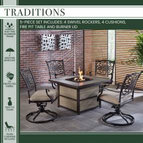 Traditions 5-Piece Fire Pit Chat Set with 4 Swivel Rockers in Tan with a 40,000 BTU Fire Pit Table - Hanover TRAD5PCSQSW4FP-TAN