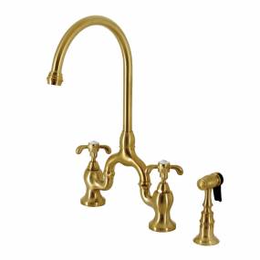 Kingston Brass KS7797TXBS French Country Bridge Kitchen Faucet with Brass Sprayer, Brushed Brass - Kingston Brass KS7797TXBS