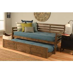 Boho Daybed - Trundle Bed - Rustic Walnut Finish - Linen Aqua Mattresses - Kodiak Furniture BODBTBRWMLAQU4