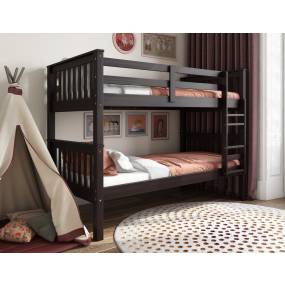 100% Solid Wood Twin Over Twin Mission Bunk Bed, Java - Palace Imports 4136