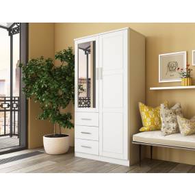 100% Solid Wood Metro Wardrobe with Mirrored Door, White - Palace Imports 7101
