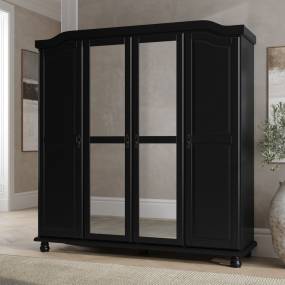 100% Solid Wood Kyle 4-Door Wardrobe with Mirrored Doors, Black – Palace Imports 8207M