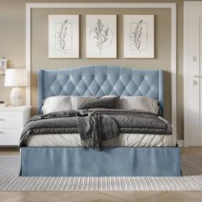 Glam Velvet Crystal Button Tufted Upholstered Platform Bed, Queen in Baby Blue - CasePiece USA C8360QPL-LBL-VV