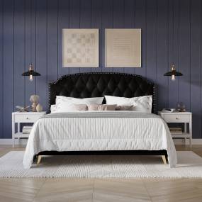 Velvet Button Tufted Upholstered Gold Accent Platform Bed, Full in Black - CasePiece USA C8370FPL-BK-VV