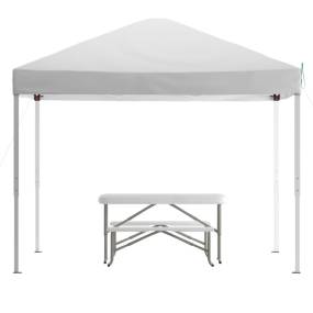 10'x10' White Pop Up Event Canopy Tent with Carry Bag and Folding Bench Set - Portable Tailgate, Camping, Event Set [JJ-GZ10103-WH-GG] - Flash Furniture JJ-GZ10103-WH-GG