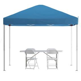 Portable Tailgate/Event Tent Set - 10'x10' Blue Pop Up Canopy Tent, 6-Foot Bi-Fold Table, Set of 4 White Folding Chairs [JJ-GZ10183Z-4LEL3-BLWH-GG] - Flash Furniture JJ-GZ10183Z-4LEL3-BLWH-GG