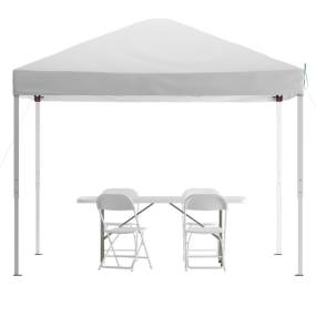Portable Tailgate/Event Tent Set - 10'x10' White Pop Up Canopy Tent, 6-Foot Bi-Fold Table, Set of 4 White Folding Chairs [JJ-GZ10183Z-4LEL3-WHWH-GG] - Flash Furniture JJ-GZ10183Z-4LEL3-WHWH-GG