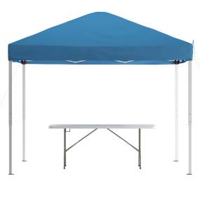 10'x10' Blue Pop Up Event Canopy Tent with Carry Bag and 6-Foot Bi-Fold Folding Table with Carrying Handle - Tailgate Tent Set [JJ-GZ10183Z-BL-GG] - Flash Furniture JJ-GZ10183Z-BL-GG