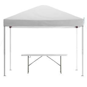 10'x10' White Pop Up Event Canopy Tent with Carry Bag and 6-Foot Bi-Fold Folding Table with Carrying Handle - Tailgate Tent Set [JJ-GZ10183Z-WH-GG] - Flash Furniture JJ-GZ10183Z-WH-GG