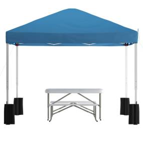 10'x10' Blue Pop Up Event Canopy Tent with Wheeled Case and Folding Bench Set - Portable Tailgate, Camping, Event Set [JJ-GZ10PKG103-BL-GG] - Flash Furniture JJ-GZ10PKG103-BL-GG