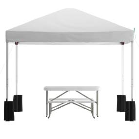 10'x10' White Pop Up Event Canopy Tent with Wheeled Case and Folding Bench Set - Portable Tailgate, Camping, Event Set [JJ-GZ10PKG103-WH-GG] - Flash Furniture JJ-GZ10PKG103-WH-GG