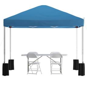 Portable Tailgate/Event Tent Set-10'x10' Wheeled Blue Pop Up Canopy Tent, 6-Foot Bi-Fold Table, 4 White Folding Chairs [JJ-GZ10PKG183Z-4LEL3-BLWH-GG] - Flash Furniture JJ-GZ10PKG183Z-4LEL3-BLWH-GG