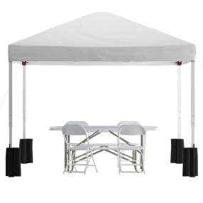 Portable Tailgate/Event Tent Set-10'x10' Wheeled White Pop Up Canopy Tent, 6-Foot Bi-Fold Table, 4 White Folding Chairs [JJ-GZ10PKG183Z-4LEL3-WHWH-GG] - Flash Furniture JJ-GZ10PKG183Z-4LEL3-WHWH-GG